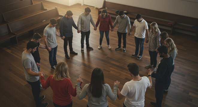 Diverse group of young adults holding hands in prayer circle. People praying together in church showing unity and support. Community and faith concept from high-angle view