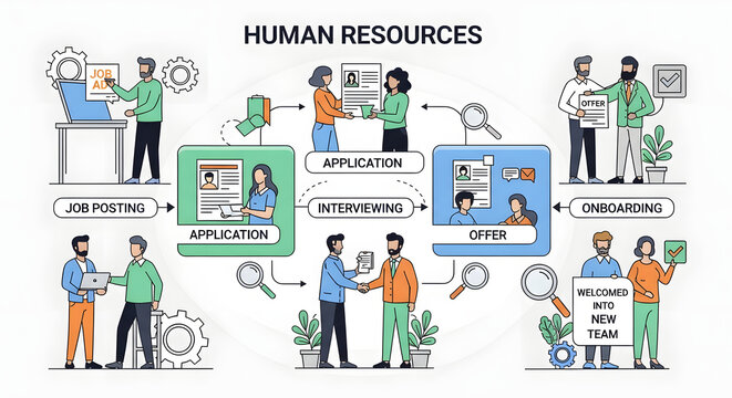Streamlined Human Resources Recruitment Process A Comprehensive Visual Guide to Hiring, from Job Posting, Application, Interviewing, Offer, and Seamless Onboarding