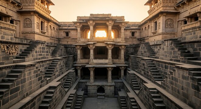 Adorned ancient Indian stepwell architecture sunlight.
