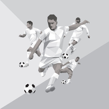 Polygon football players various action with grometric background monochromatic tone square template have blank space.