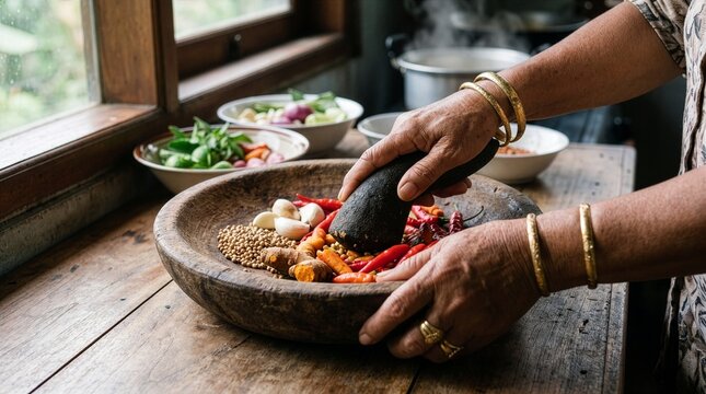 Indonesian hands grinding spices with mortar for Eid cooking
Close-up of hands grinding traditional spices using mortar and pestle (ulekan) in Indonesian kitchen, representing authentic Eid al Adha fo