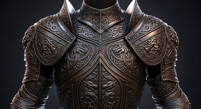 Intricate medieval armor torso plate closeup.