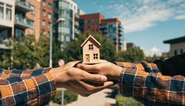 A professional real estate agent closing a business deal with a handshake in front of a new residential house building to represent a successful property sale and mortgage investment concept