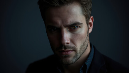Fototapeta premium Calm introspective analytical male portrait moody lighting