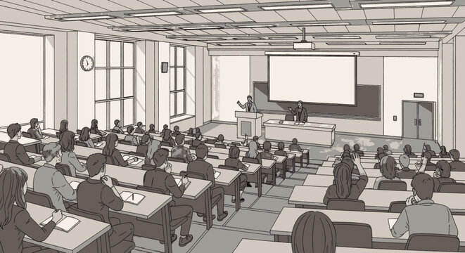 Students engaged in a university lecture hall with a professor at the podium.