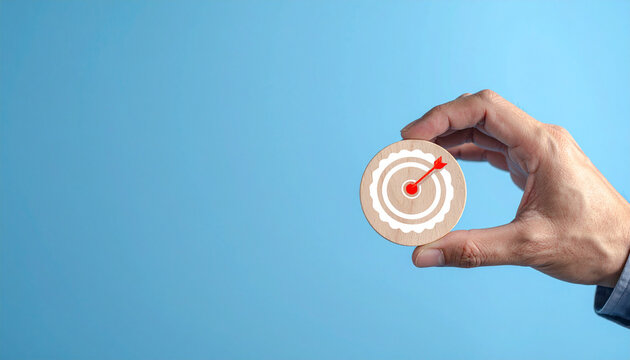 hand with target,Hands holding golden target with arrow symbol on light blue background, representing business success, marketing strategy, goal achievement, customer focus