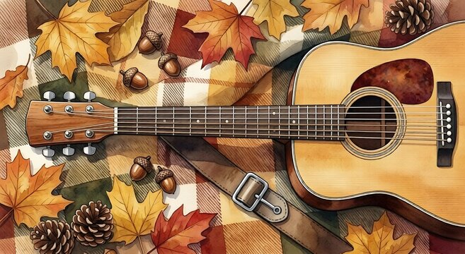 Vintage watercolor illustration of an acoustic guitar with a leather strap, resting on a plaid blanket surrounded by autumn leaves, acorns, and pinecones. Cozy seasonal music concept.