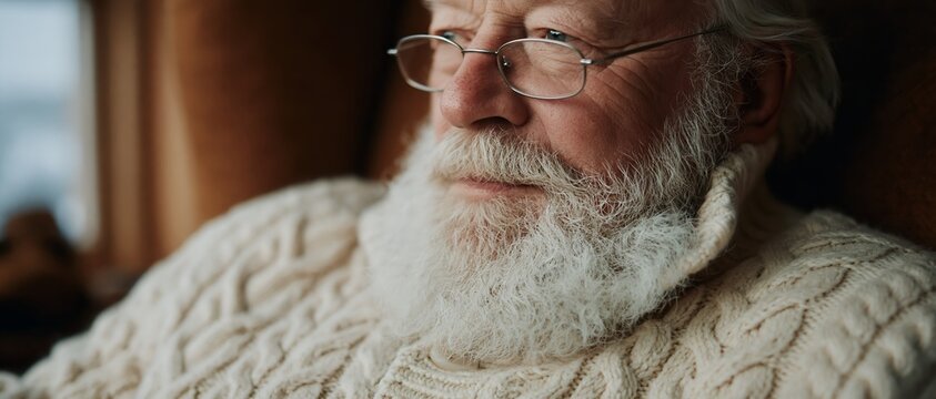 Senior man with full beard wearing cozy sweater indoors