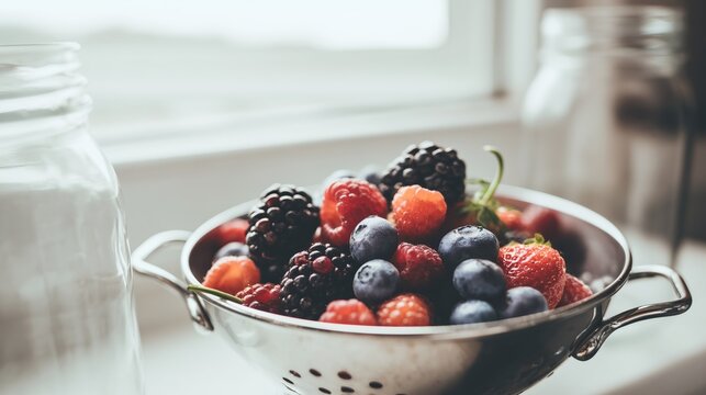 Close-up of colorful mixed berries in metal bowl