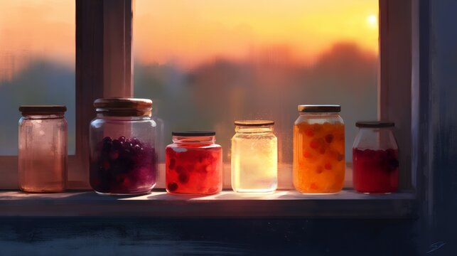 Row of glass jars with fruit preserves on windowsill at sunset