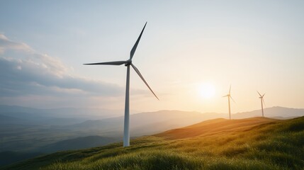 Obraz premium Sunrise illuminates wind turbines on hilly terrain with distant mountain range