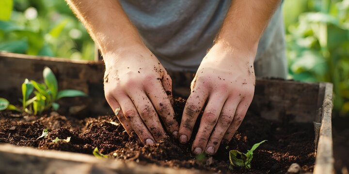 Close-up of hands burying young plants in dark earth