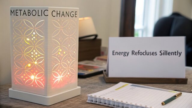 Elegant lamp illuminating the words "Metabolic Change" beside a sign that reads "Energy Refocuses Silently" in modern workspace