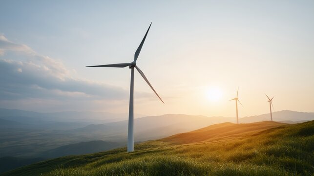 Sunrise illuminates wind turbines on hilly terrain with distant mountain range