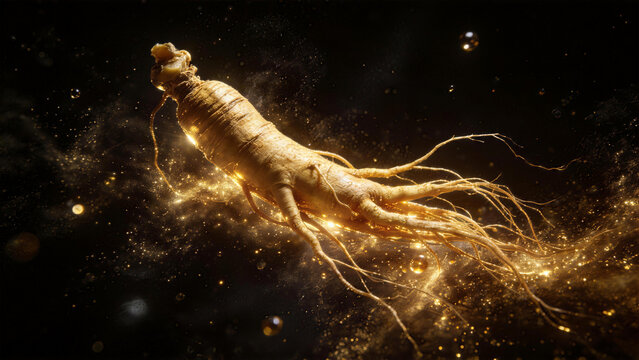 Ginseng Root: A close-up view of a ginseng root, a symbol of wellness and vitality, surrounded by glowing particles, suggesting its mystical and powerful properties.