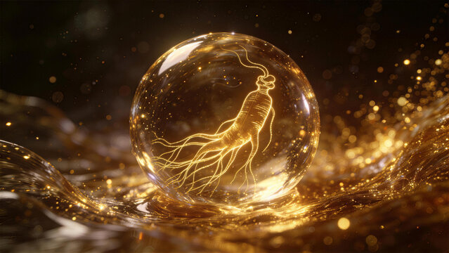 Mystical Elixir: A luminous ginseng root encased within a glistening sphere, floating amidst a fluid swirl of golden particles, evoking a sense of ancient wisdom and potent vitality.