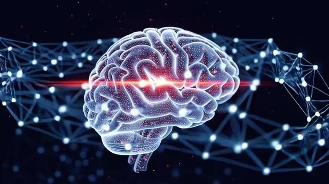 A blue glowing human brain x ray scan showing anatomy and neurons in a futuristic medical science style