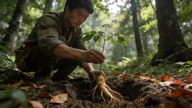 Nurturing Nature's Treasure: A botanist carefully plants a ginseng sapling in the depths of a tranquil forest, embodying dedication to conservation and the cultivation of botanical wonders.