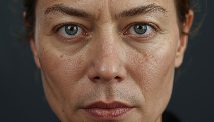 Obraz premium Close up portrait of mature woman with textured skin and blue eyes showing calm expression