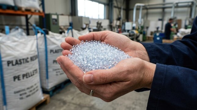 A person holds a handful of clear plastic pellets. Several large white bags labeled "PLASTIC RESIN PE PELLETS" are visible in the background.