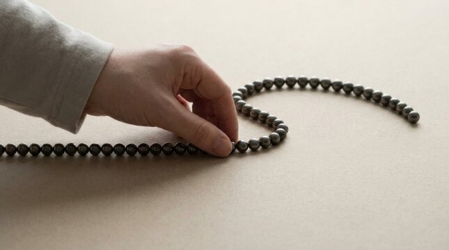 Person's hand holding a rosary representing a power redirection curve metaphor for spiritual guidance and focus