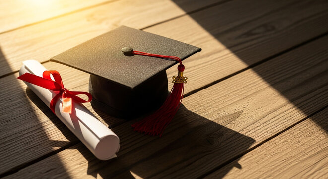 Graduation cap and diploma with red ribbon on wooden floor with dramatic sunlight and shadows