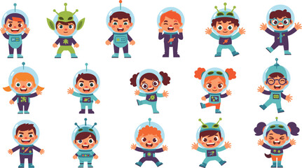 Fototapeta premium Children in astronaut and alien costumes vector illustrations showing playful space exploration