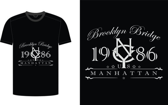 Black tshirt with brooklyn bridge manhattan 1986 graphic design and text