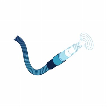 High-quality 3D illustration of a futuristic blue fiber optic cable emitting digital data transfer waves. Ideal for technology, internet, connectivity, digital communication, and high-speed network co