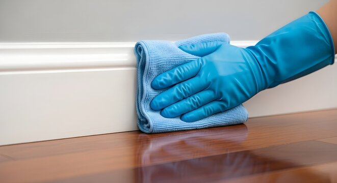 Professional baseboard cleaning service with microfiber cloth, detailed home sanitation, dust removal along wall edges, modern housekeeping hygiene