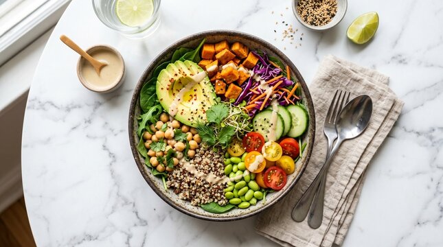 Healthy vegan lunch grain bowl with sweet potato, edamame, and tahini dressing, flat lay photography