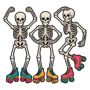 Vintage Style Skeletons on Roller Skates Dance: Whimsical Colorful Halloween Cartoon Art for Spooky Fun and Party Decor