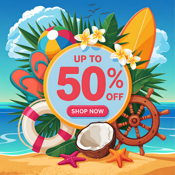 Eco-Friendly Beach Summer Sale with Colorful Surfboards, Coconut Graphics, and Tropical Flowers for Coastal Holiday Vibes