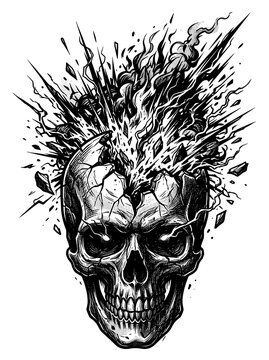 A striking gothic illustration depicts a detailed skull with an explosive burst emanating from its cranium. Shards of bone and debris are violently ejected outwards, creating a dynamic and chaotic