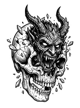 Detailed black and white gothic illustration featuring a human skull exploding outwards with a monstrous demonic face emerging from within its fractured structure. The demon possesses sharp fangs