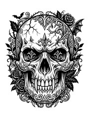 Obraz premium A highly detailed gothic illustration featuring a human skull as the central element adorned with intricate black ornamental patterns resembling filigree and floral motifs. Surrounding the skull are