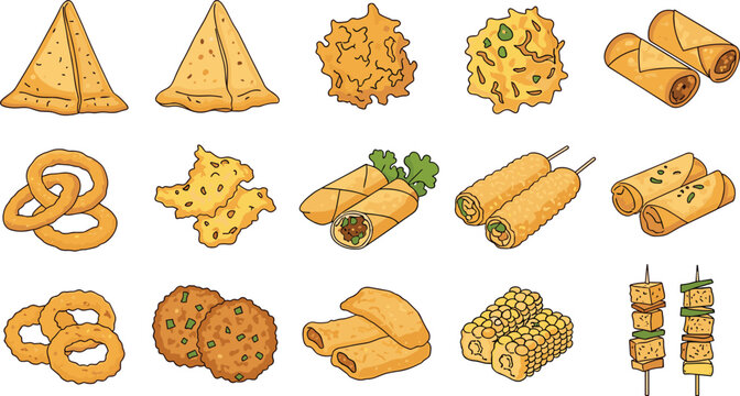 Indian street food vector illustrations showing samosas, pakoras, spring rolls, onion rings, kachoris, bread rolls, corn, and paneer skewers
