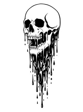 A stark black and white gothic illustration featuring a detailed human skull with its lower half appearing to melt and drip like black ink. The skull's eye sockets and nasal cavity are filled with
