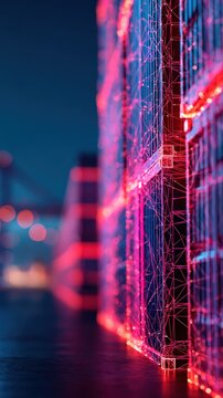 A futuristic neon-lit data center, showcasing advanced technology and data processing capabilities. ..Created with Generative AI, not depicting real subjects.