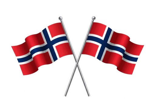 Two crossed norwegian flags on flagpoles, isolated on white background