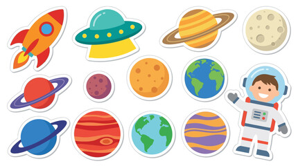 A colorful set of space stickers for kids. © Abhinaya Project