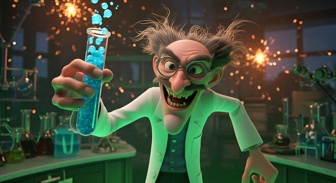Mad Scientist with a Cruel Smile Holding a Bubbling Blue Elixir