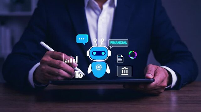 AI Financial Assistant and Fintech Chatbot on Tablet &ndash; Digital Banking Automation and Money Managemen, finance innovation investment and money management modern virtual advisor systems.