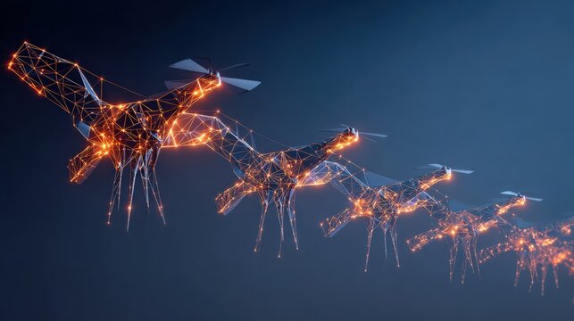 A futuristic squadron of drones, adorned with illuminated nodes, soars gracefully through the air. ..Created with Generative AI, not depicting real subjects.
