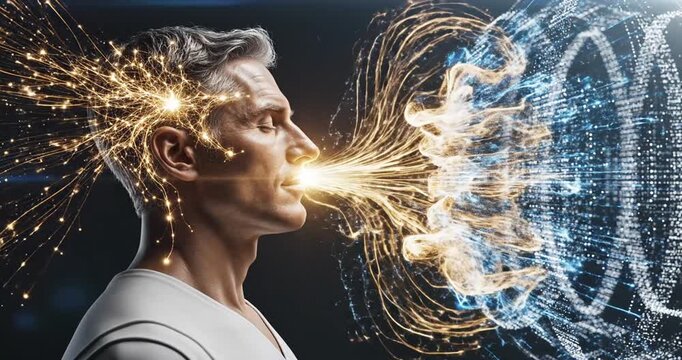 Futuristic portrait of a man exhaling digital energy amidst a cosmic background