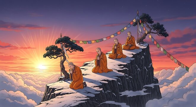 Monks Meditating on Mountain.