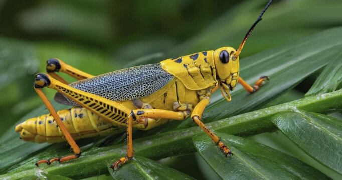 A vibrant yellow and black insect, resembling a grasshopper, is showcased in an extreme close-up, resting peacefully on a lush green leaf. The macro view reveals intricate details of its segmented bod