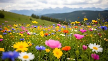 Obraz premium Colorful wildflowers in a field with mountains in the background grass