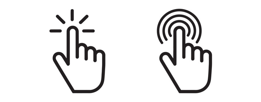 Hand cursor click icon set, pointer sign and symbol, computer mouse clicking finger icons, vector elements, editable stroke design
