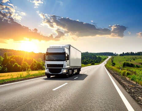A white semi-truck speeds down a highway at sunset. Rolling hills, trees, and a bright sky create a picturesque backdrop